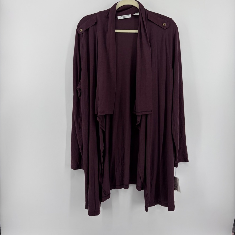 Liz Claiborne Cardigan Plum Women 1X Draped Open Front Epaulette Long‎ Sleeve
